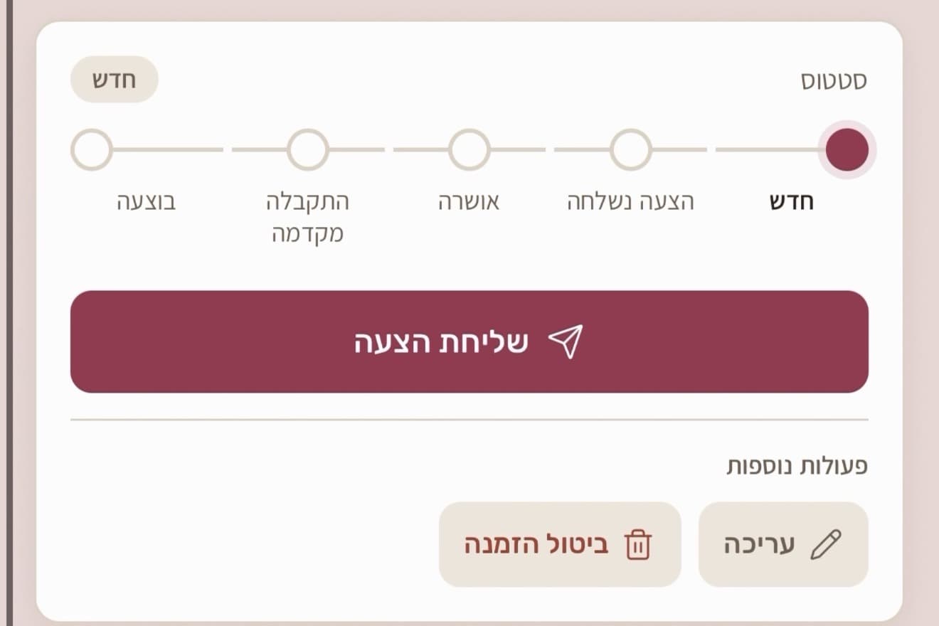 מסך הזמנה עם סטטוסים ב-SweetFlow
